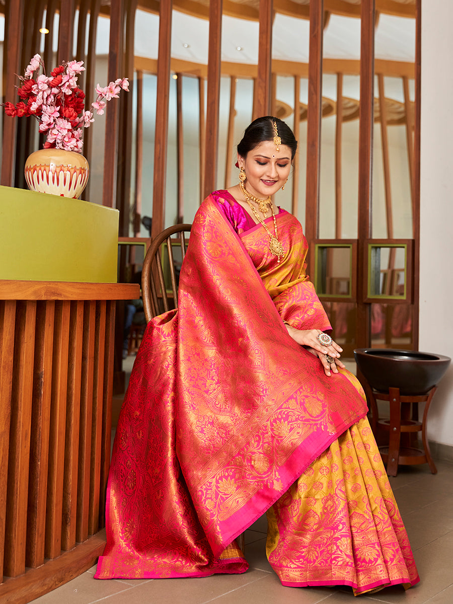 Mustard & Pink Zari Woven Wedding Banarasi Silk Saree