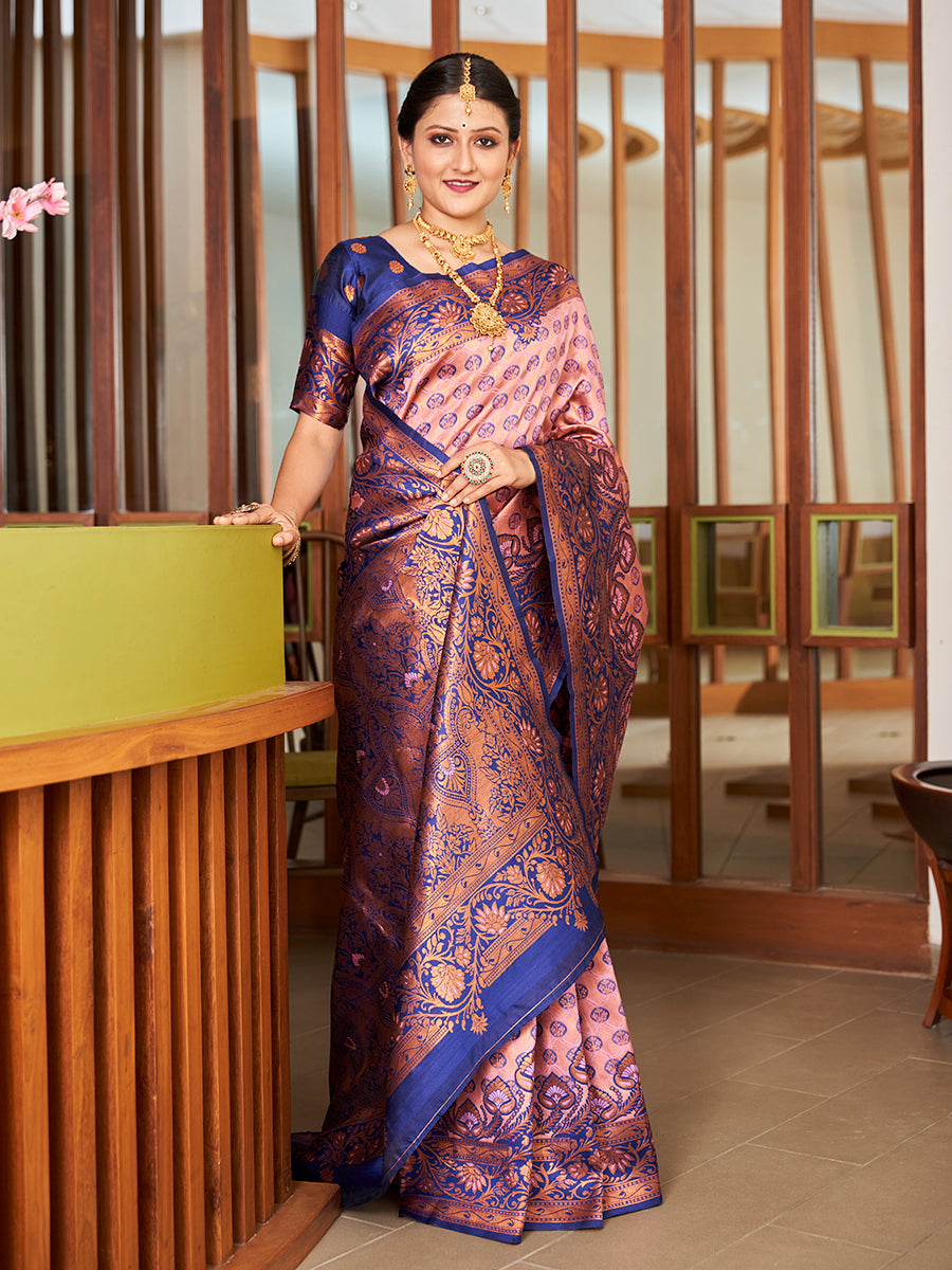 Beige & Blue Zari Woven Wedding Banarasi Silk Saree