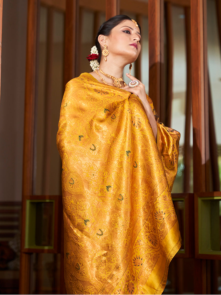 Brown & Yellow Zari Woven Wedding Banarasi Silk Saree