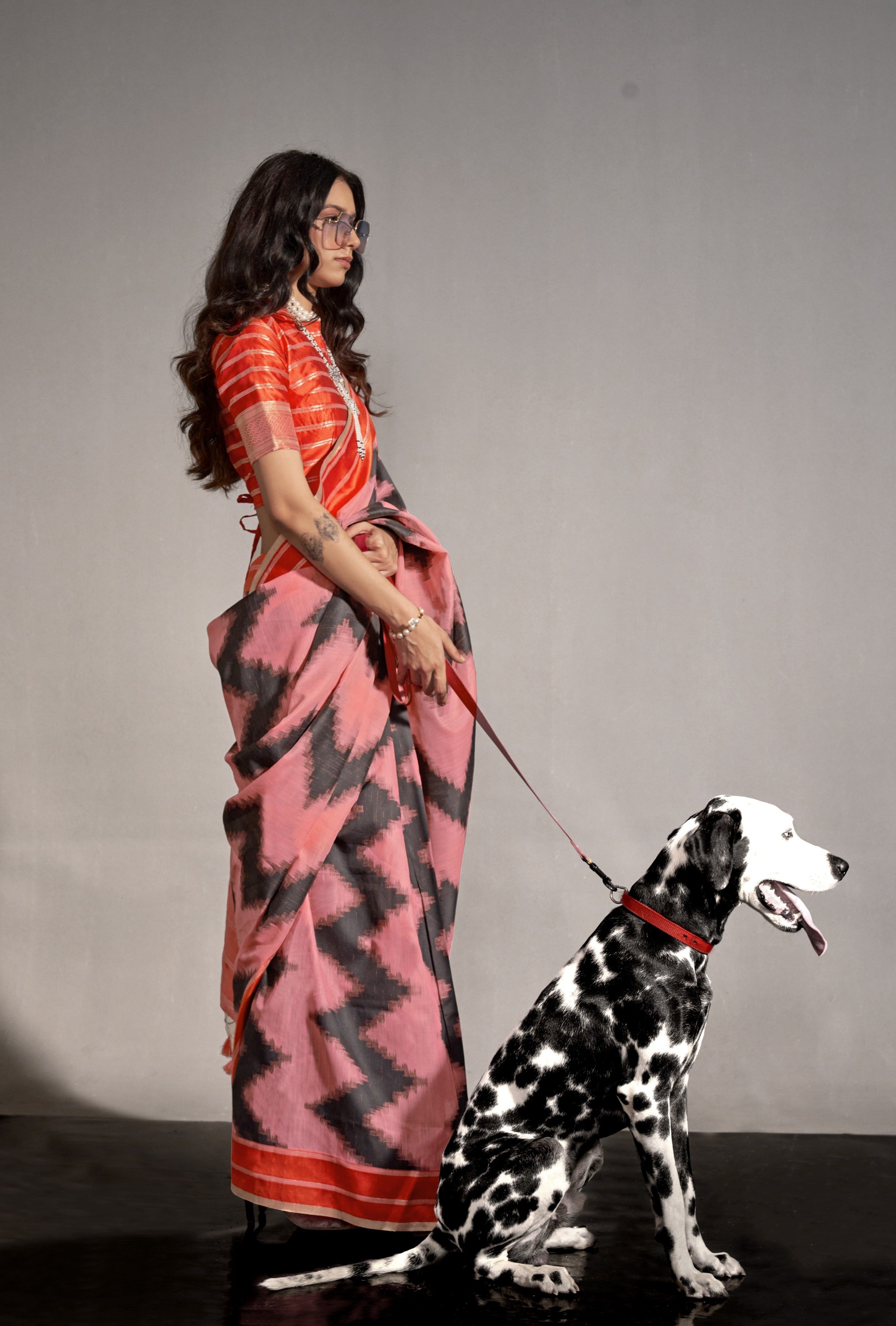 Rose Pink & Orange Mal Spun Hand Woven Silk Saree With Contrast Blouse