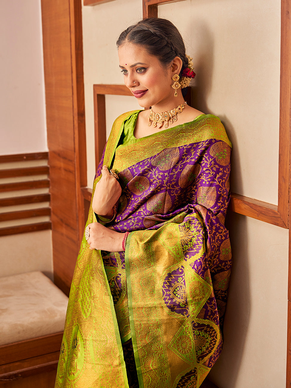 Purple & Green Gold Zari Woven Wedding Banarasi Silk Saree