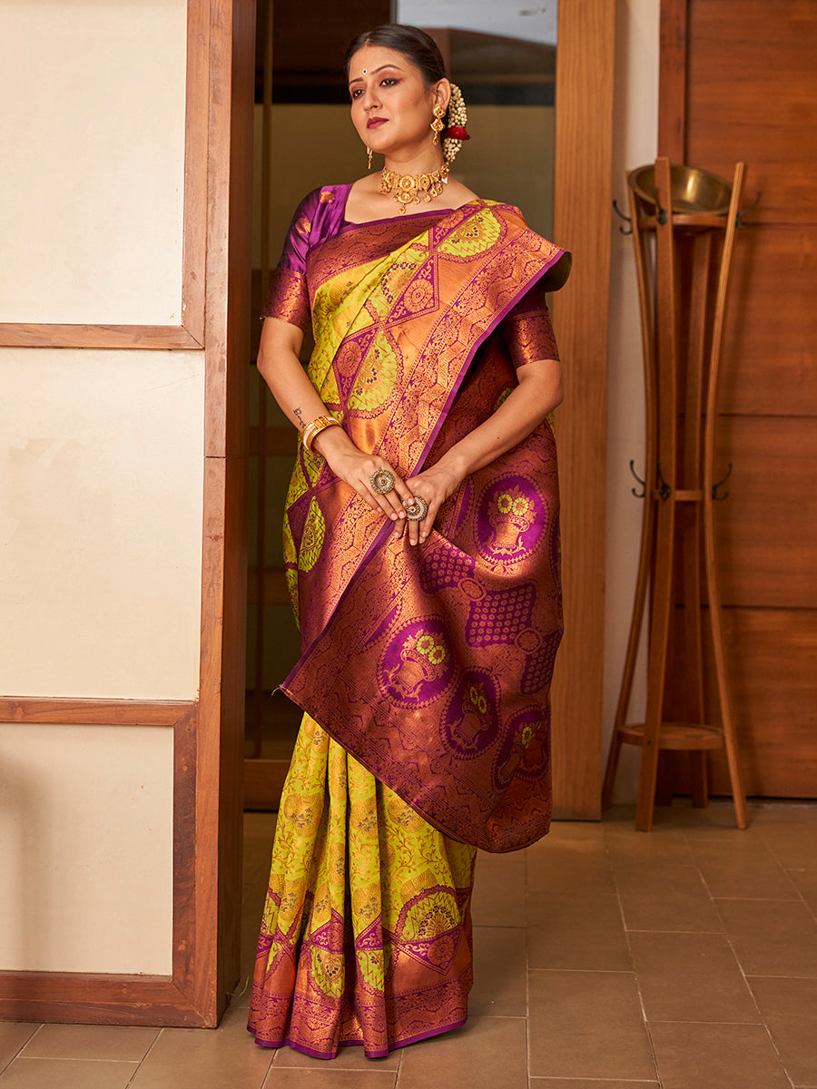 Lime Green & Purple Gold Zari Woven Wedding Banarasi Silk Saree