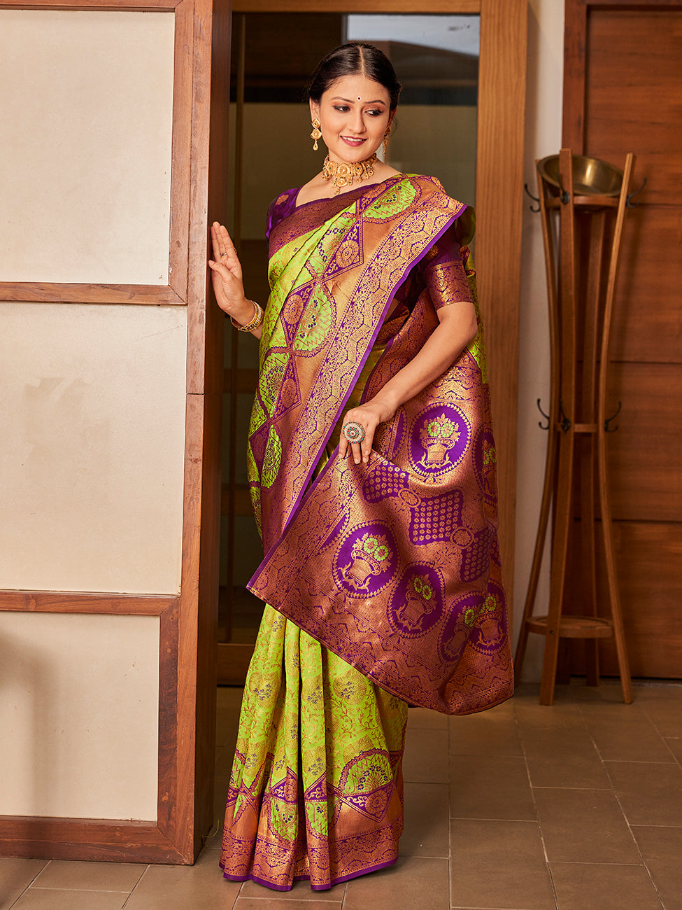 Lime Green & Purple Gold Zari Woven Wedding Banarasi Silk Saree