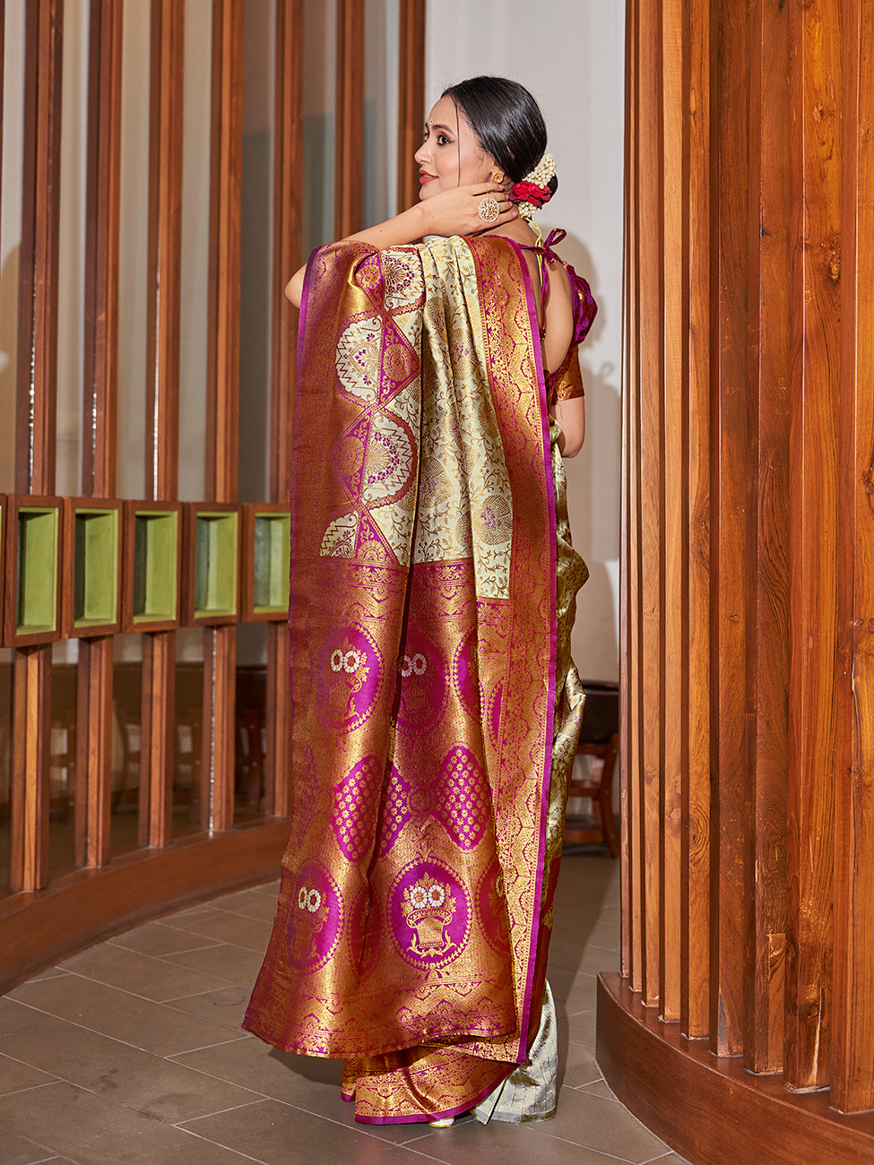 Off White & Purple Gold Zari Woven Wedding Banarasi Silk Saree