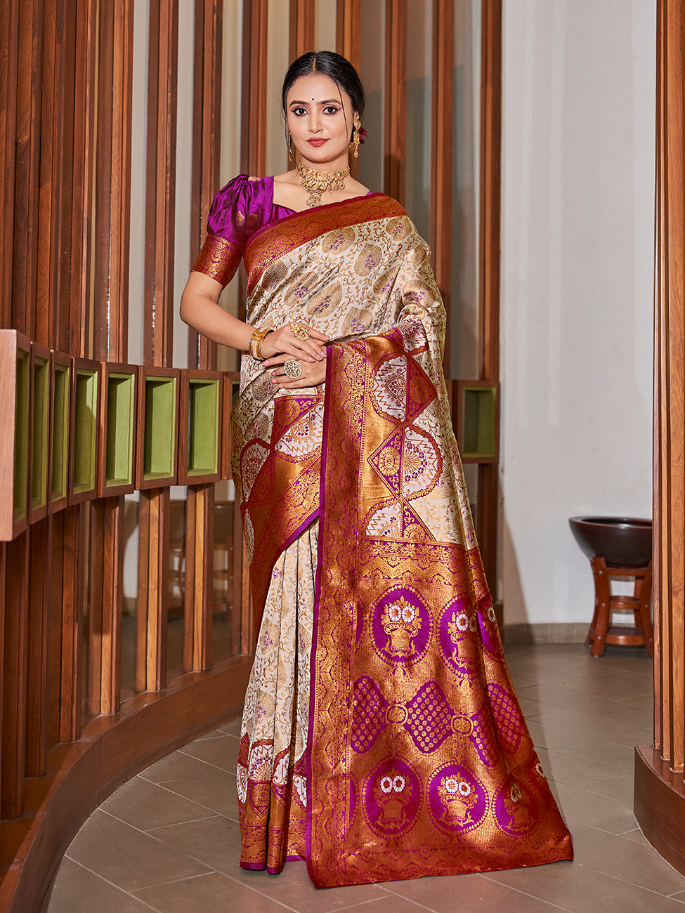 Off White & Purple Gold Zari Woven Wedding Banarasi Silk Saree