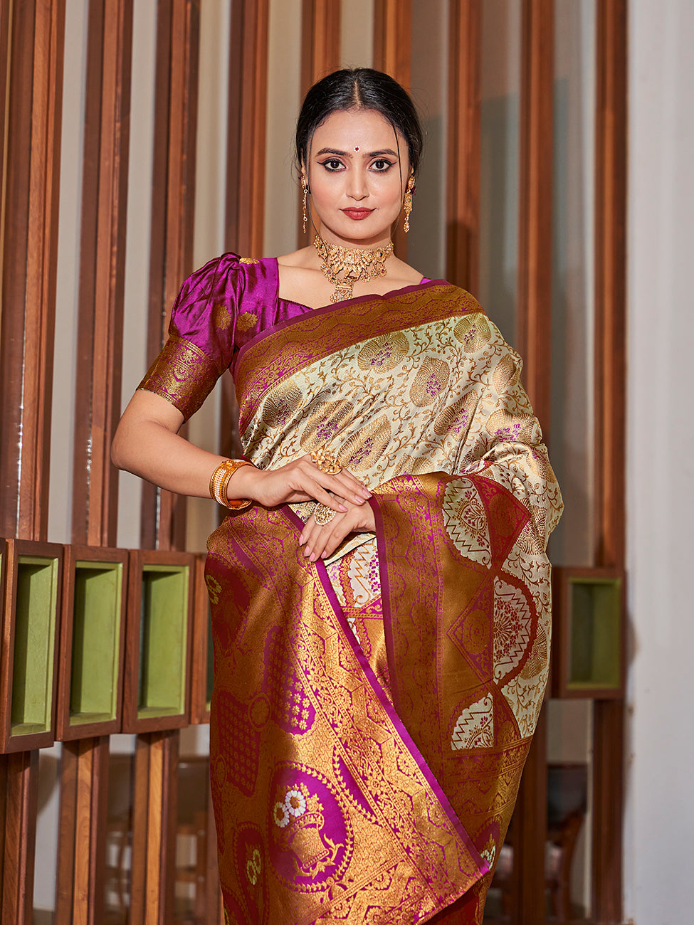 Off White & Purple Gold Zari Woven Wedding Banarasi Silk Saree