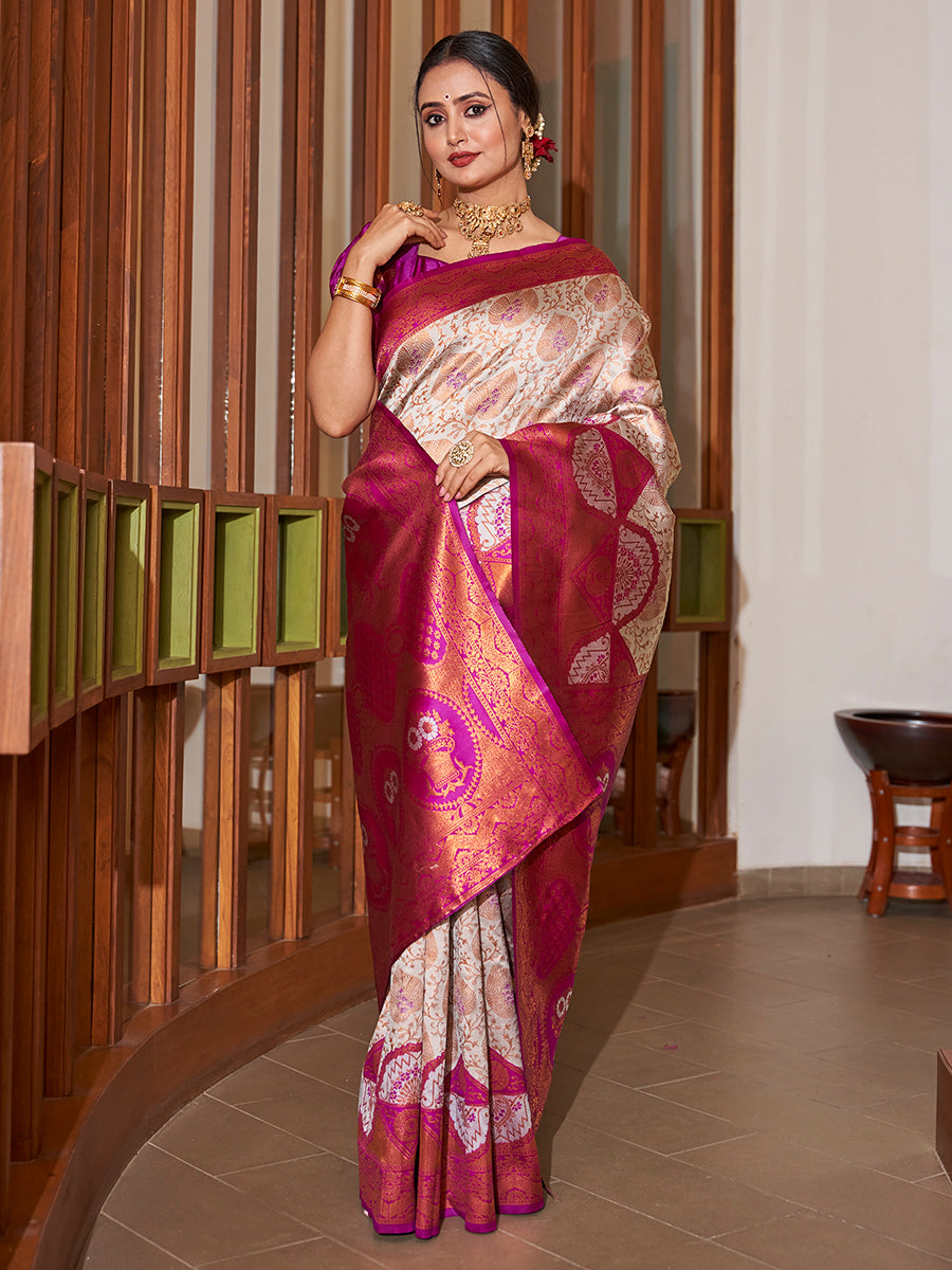 Off White & Purple Gold Zari Woven Wedding Banarasi Silk Saree