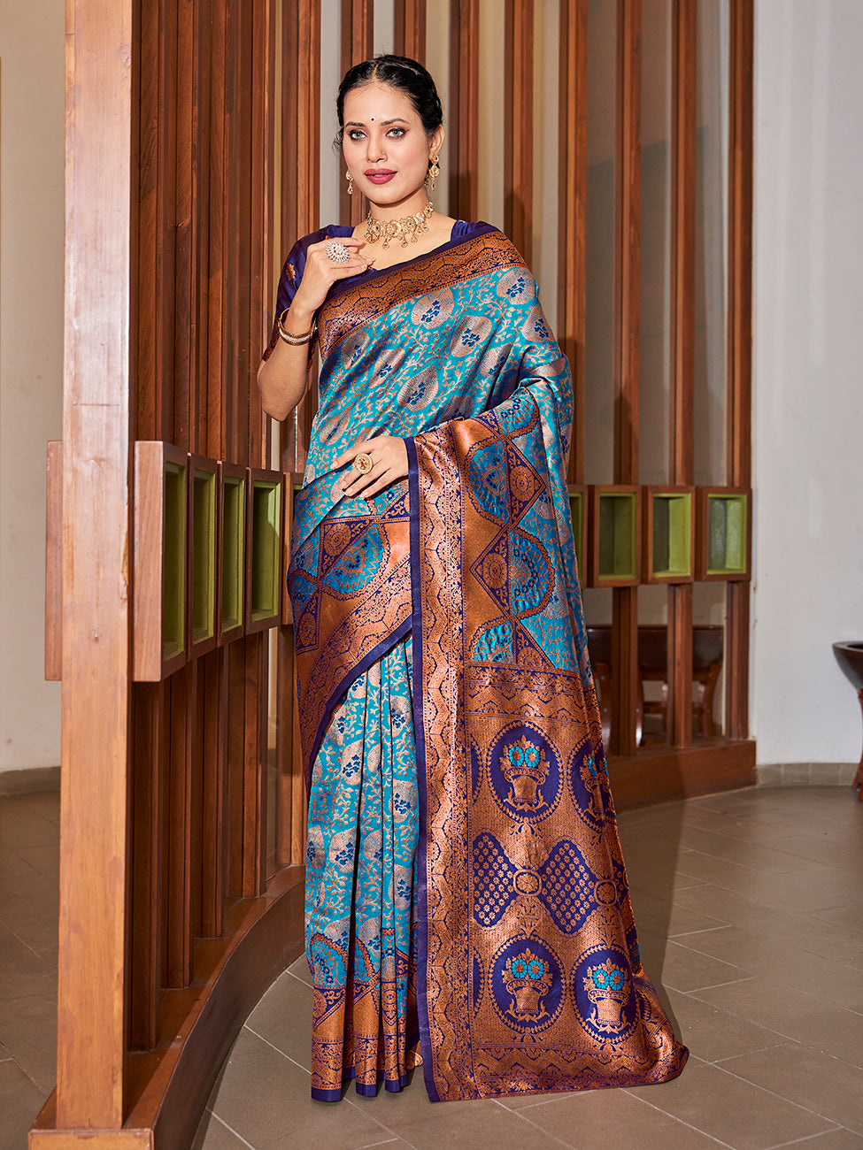 Turquoise Blue Gold Zari Woven Wedding Banarasi Silk Saree