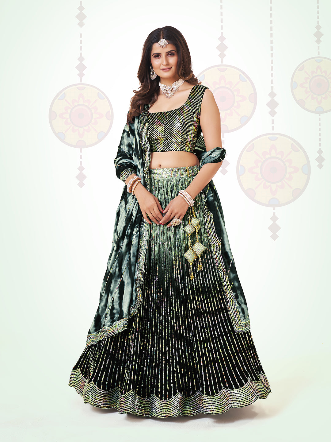 Black & Green Navratri Special Chinon Silk Lehenga Choli