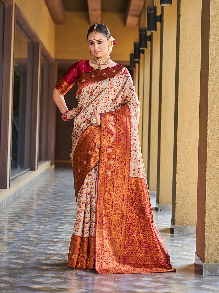 Beige & Maroon Gold Zari Woven Wedding Banarasi Silk Saree