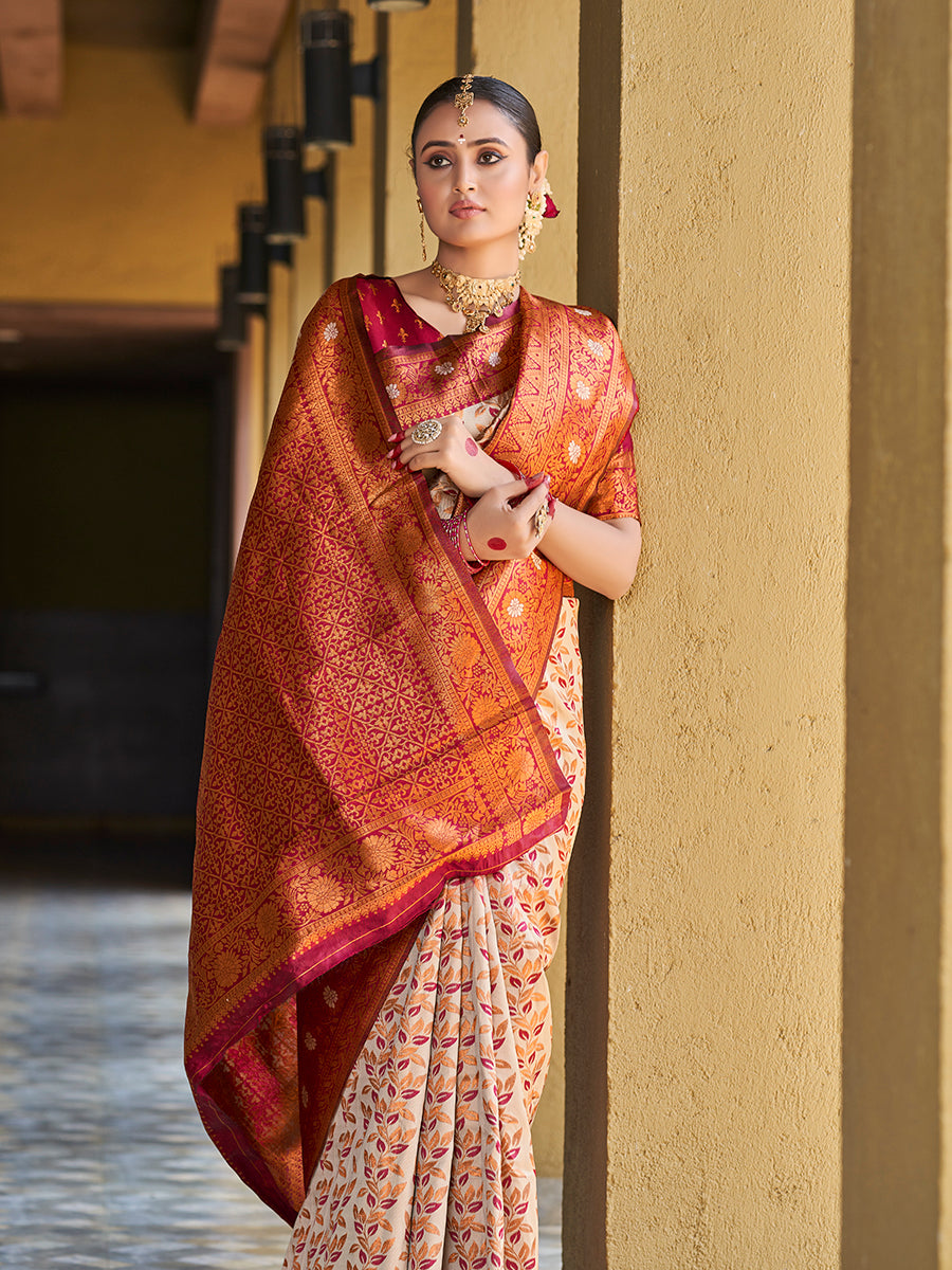 Beige & Maroon Gold Zari Woven Wedding Banarasi Silk Saree