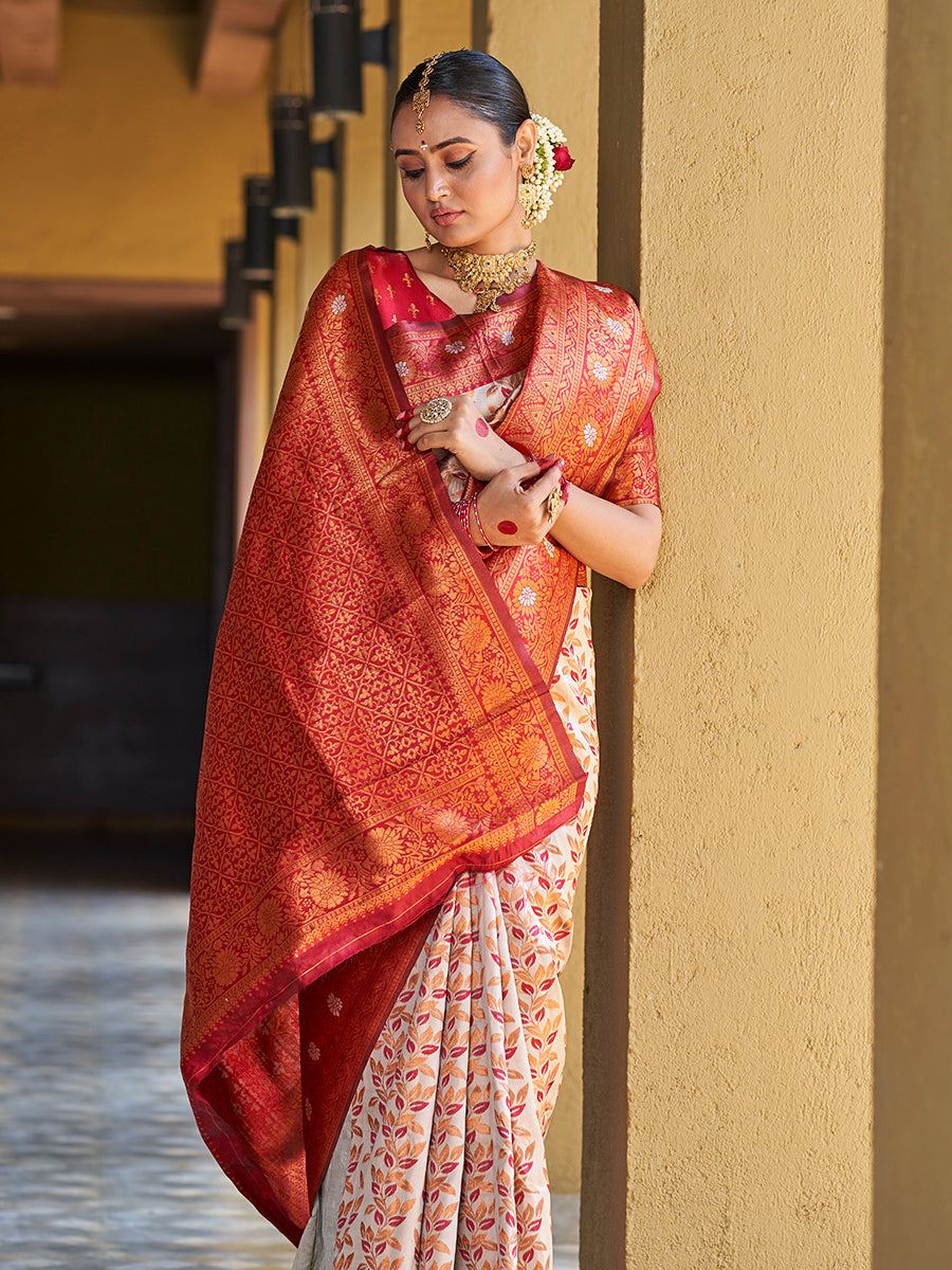 Beige & Maroon Gold Zari Woven Wedding Banarasi Silk Saree