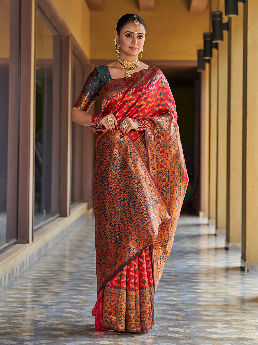 Maroon & Green Gold Zari Woven Wedding Banarasi Silk Saree