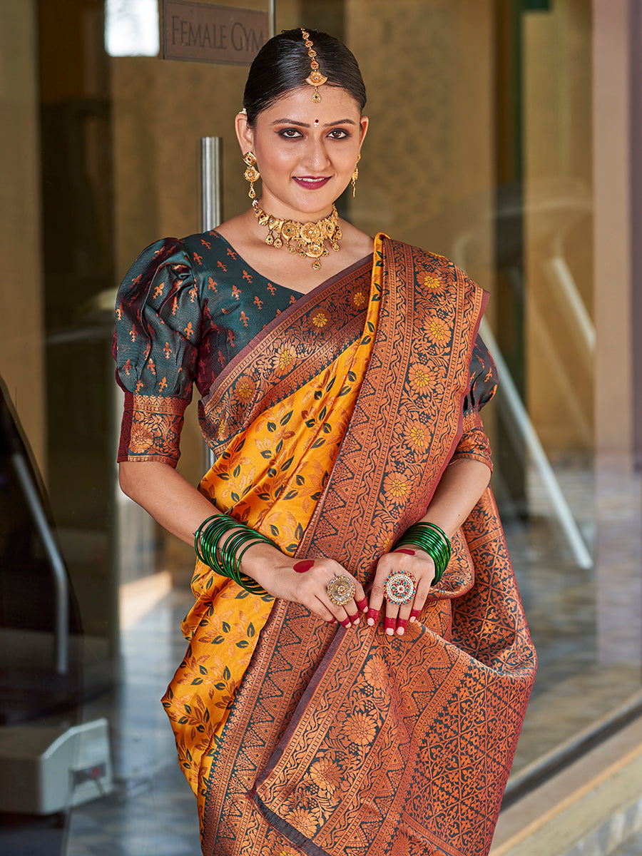 Yellow & Green Gold Zari Woven Wedding Banarasi Silk Saree