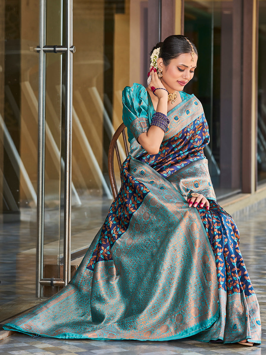 Dark Blue Gold Zari Woven Wedding Banarasi Silk Saree