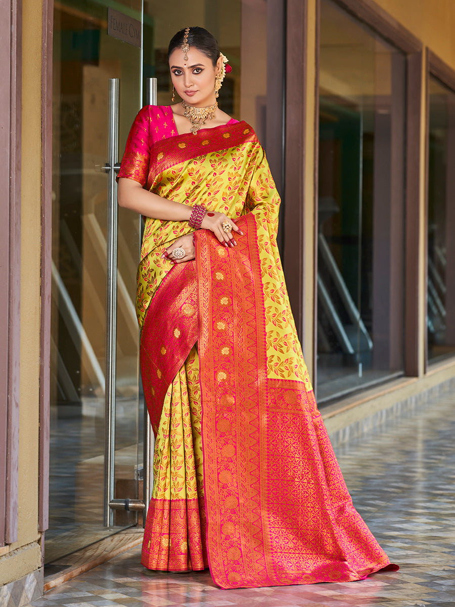 Yellow & Pink Gold Zari Woven Wedding Banarasi Silk Saree