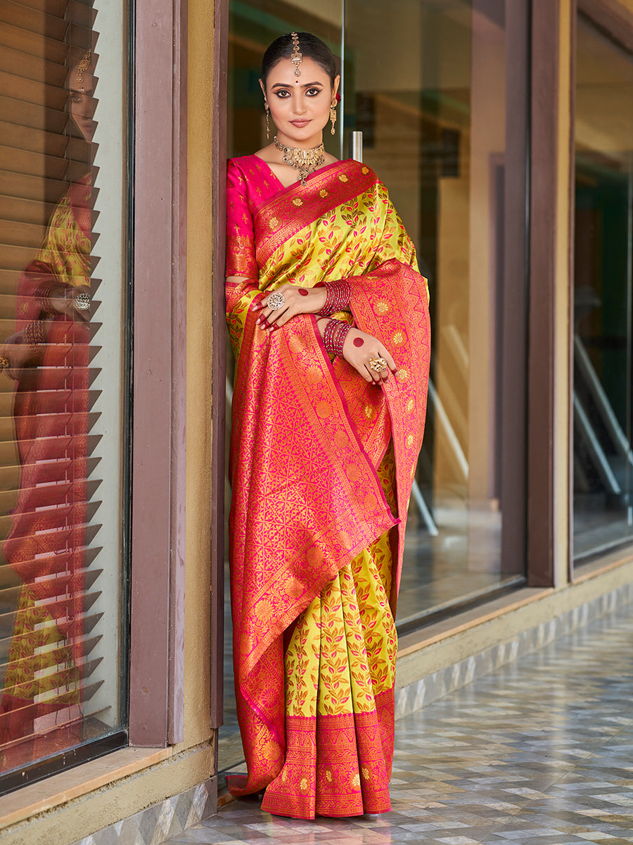 Yellow & Pink Gold Zari Woven Wedding Banarasi Silk Saree