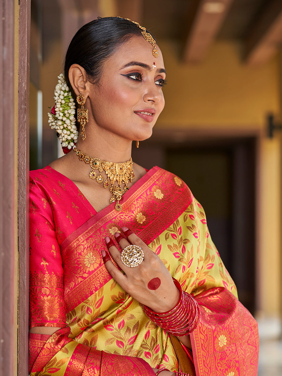 Yellow & Pink Gold Zari Woven Wedding Banarasi Silk Saree