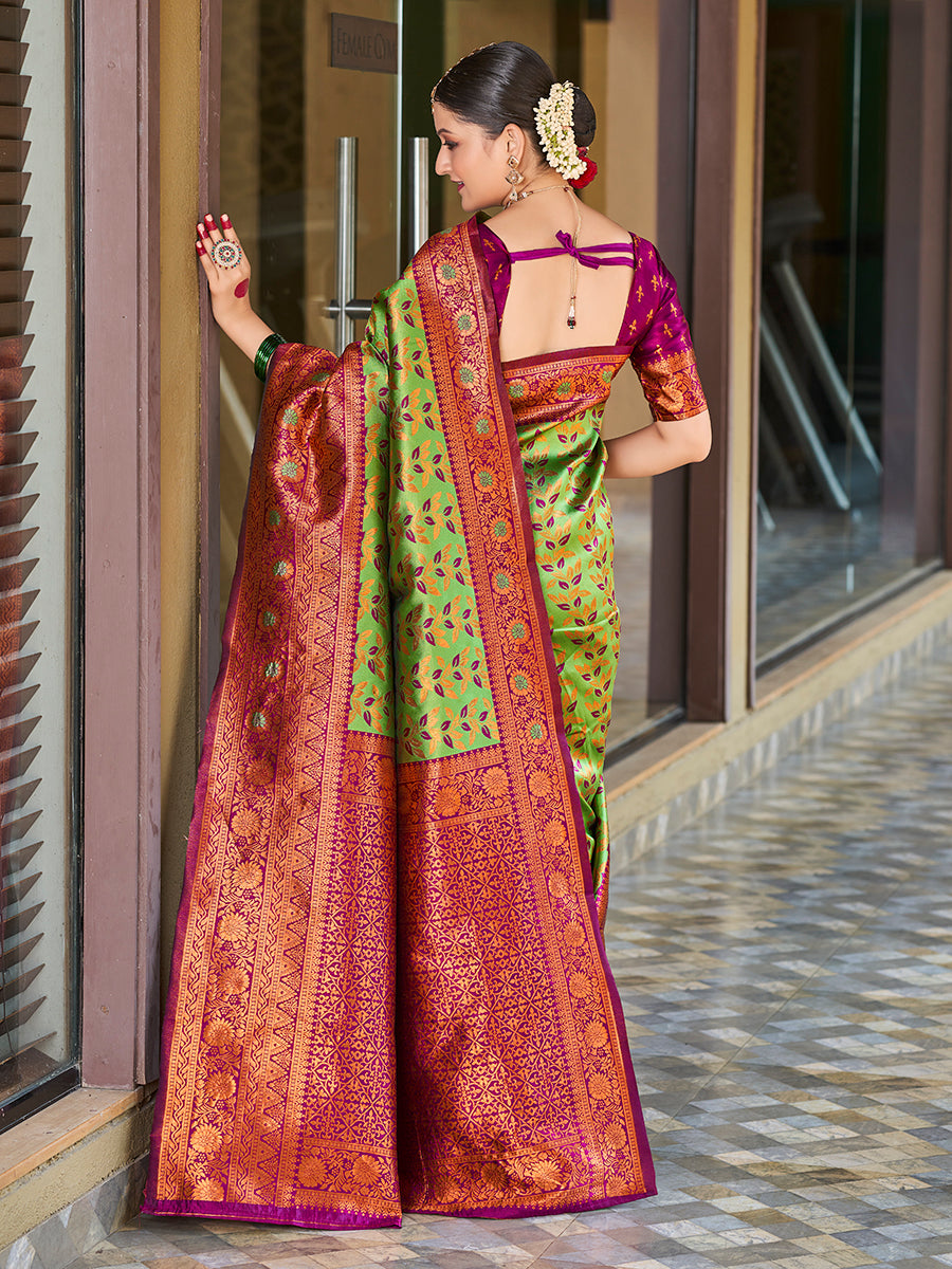 Light Green & Purple Gold Zari Woven Wedding Banarasi Silk Saree