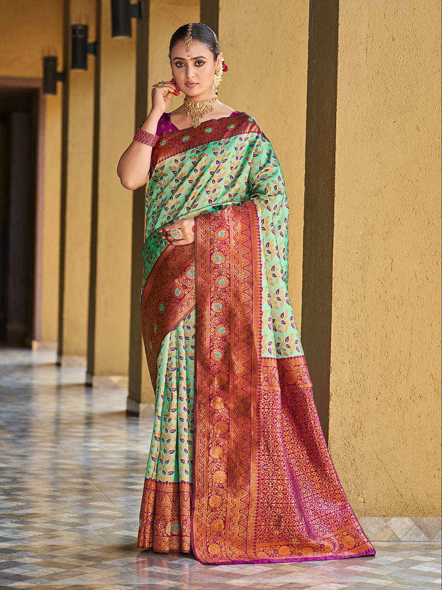 Sea Green & Purple Gold Zari Woven Wedding Banarasi Silk Saree