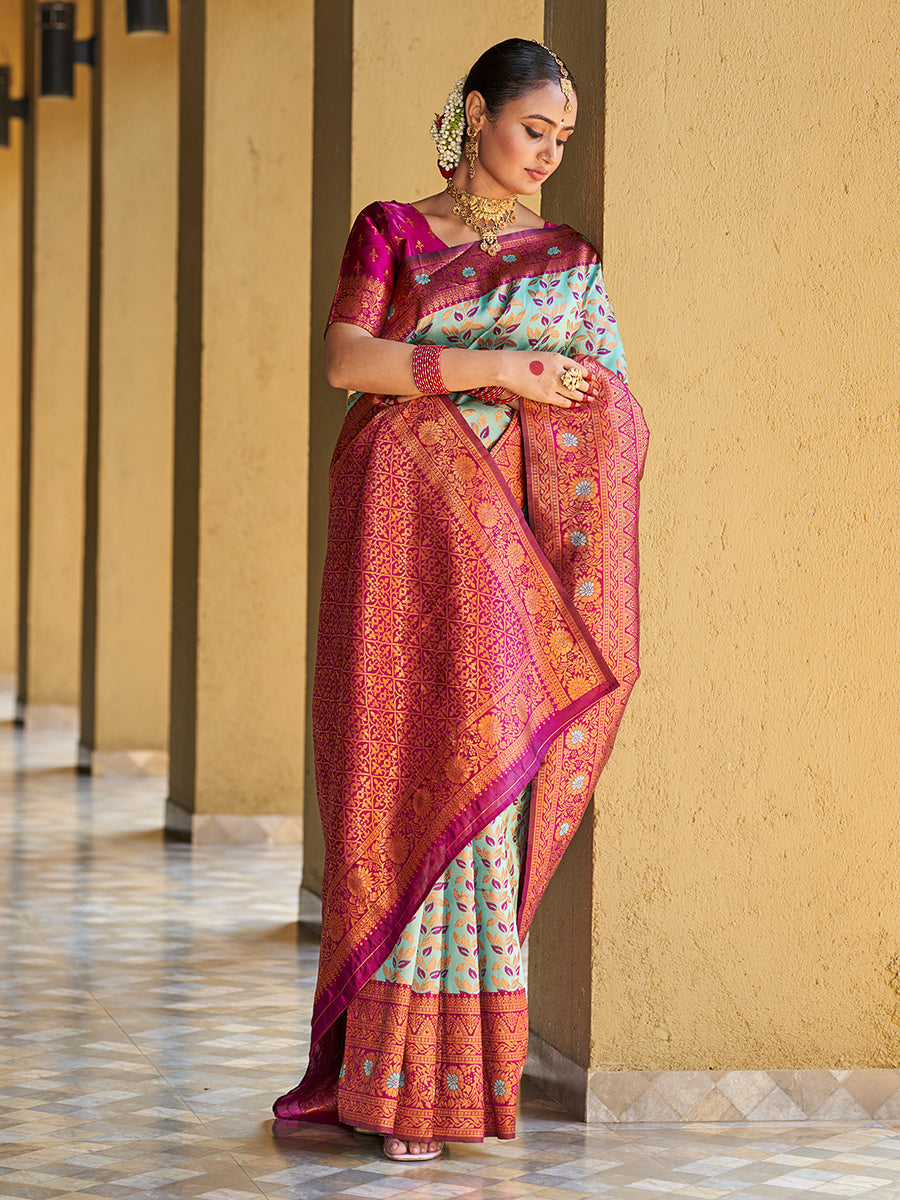 Sea Green & Purple Gold Zari Woven Wedding Banarasi Silk Saree