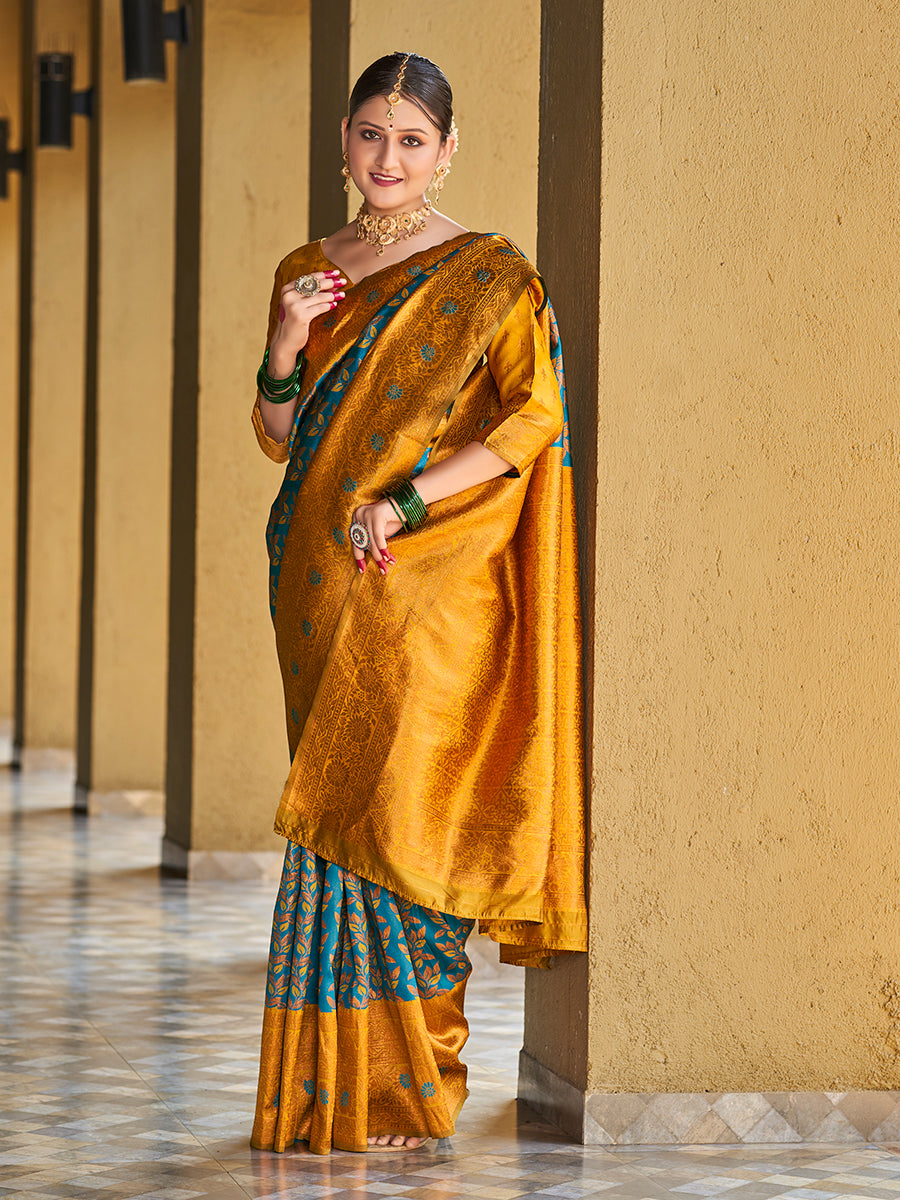 Teal & Golden Gold Zari Woven Wedding Banarasi Silk Saree