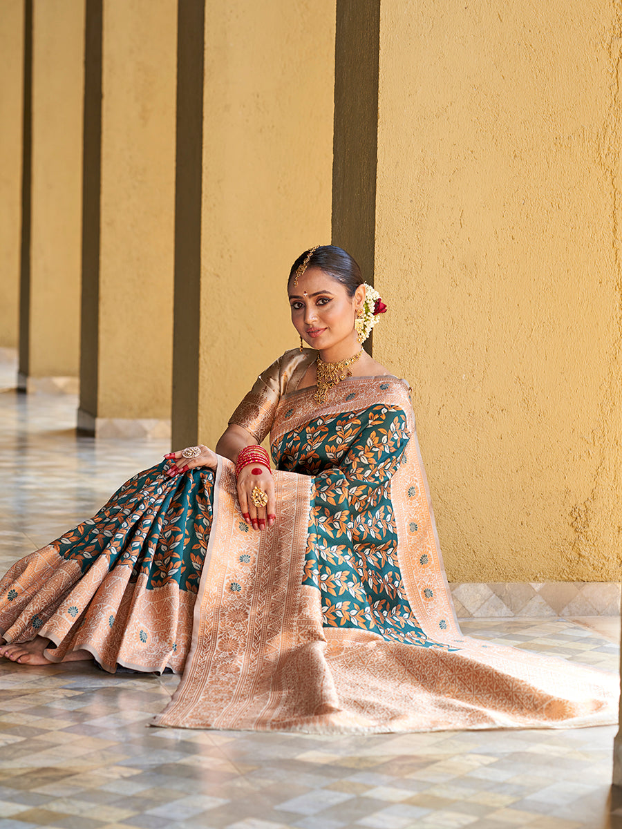 Green & Beige Gold Zari Woven Wedding Banarasi Silk Saree