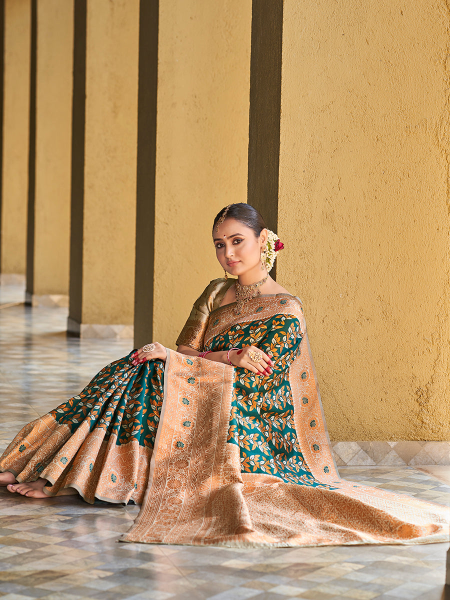 Green & Beige Gold Zari Woven Wedding Banarasi Silk Saree