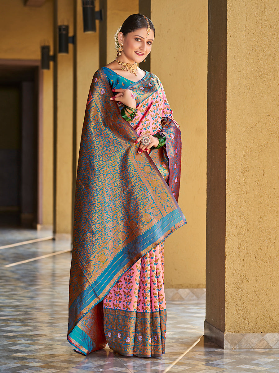 Pink & Blue Gold Zari Woven Wedding Banarasi Silk Saree