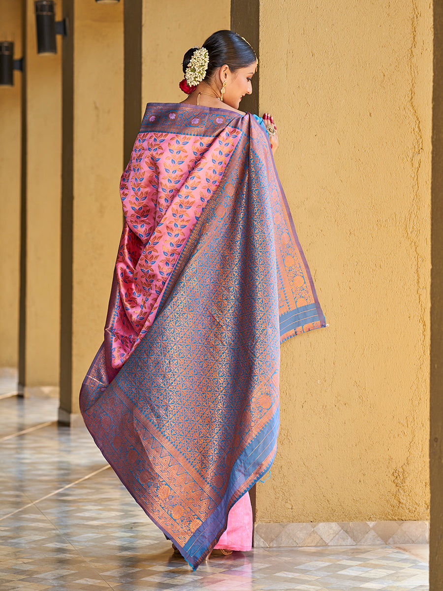 Pink & Blue Gold Zari Woven Wedding Banarasi Silk Saree