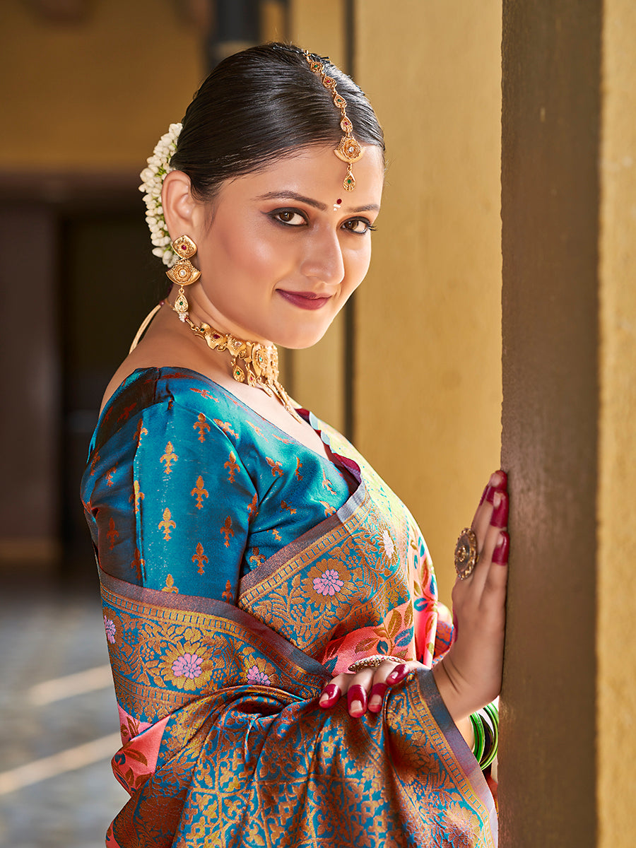 Pink & Blue Gold Zari Woven Wedding Banarasi Silk Saree