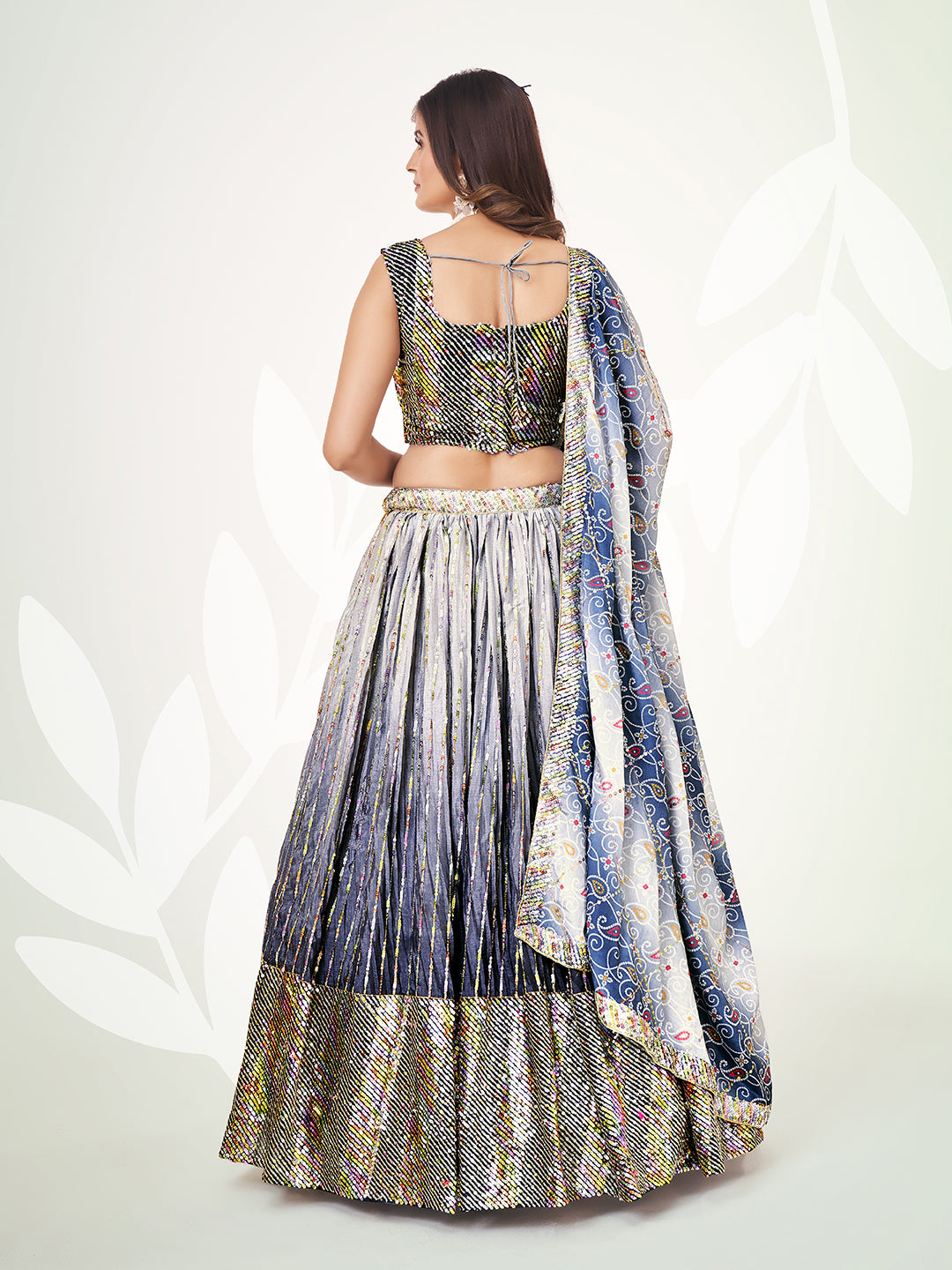 Blue & Grey Navratri Wear Chinon Silk Lehenga Choli