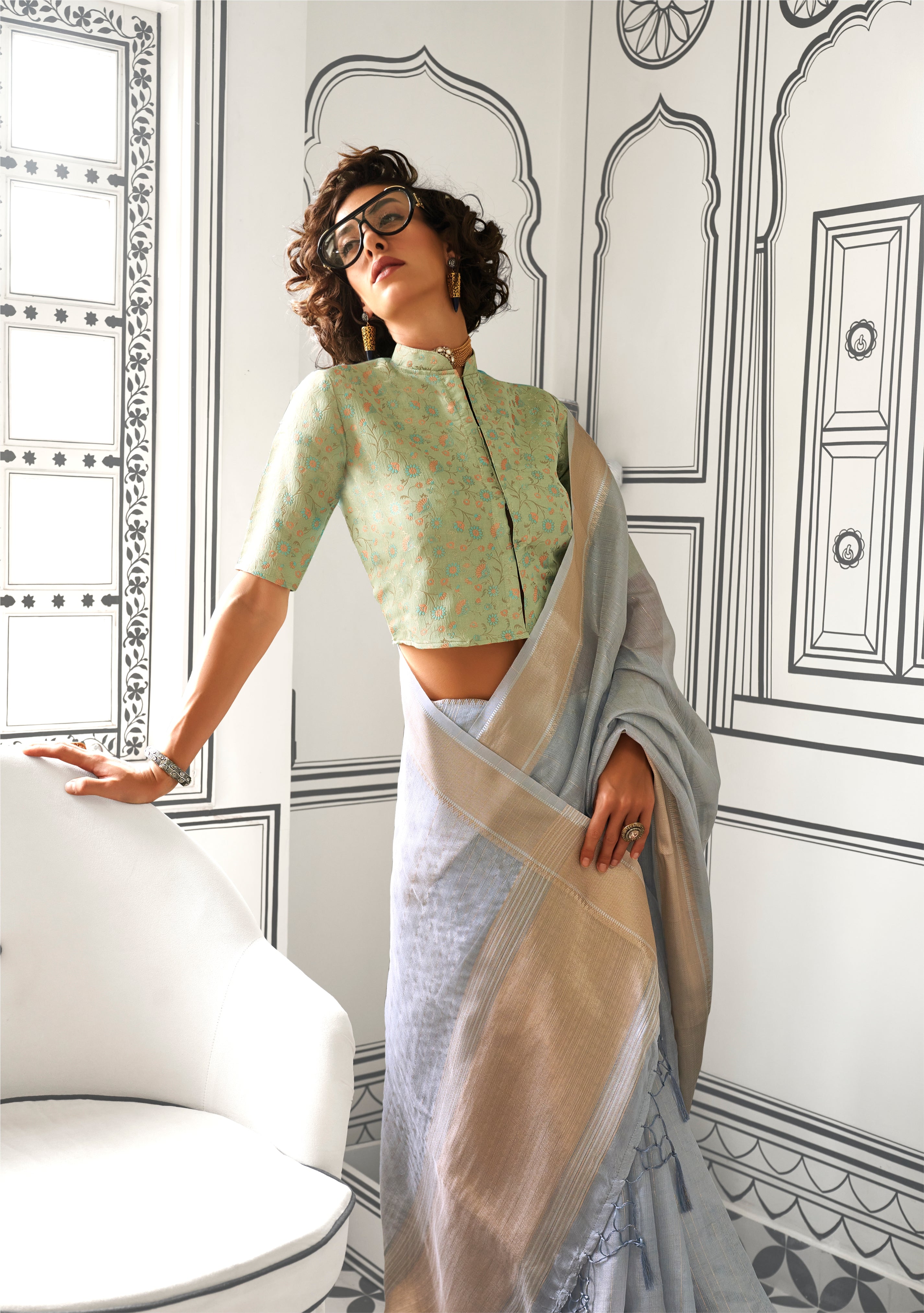 Grey Moss Chiffon Hand Woven Saree With Jacquard Blouse