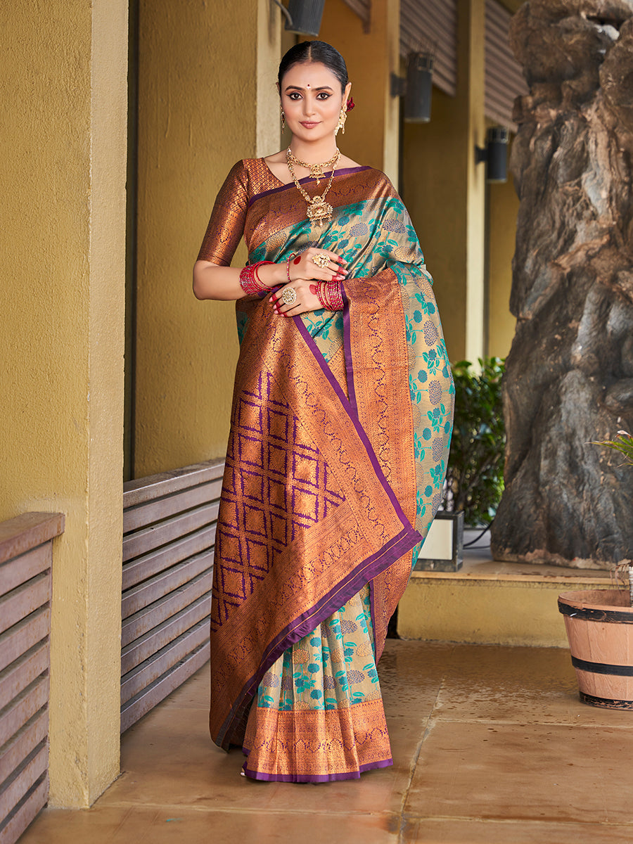 Teal & Purple Zari Weaving Wedding Banarasi Silk Saree