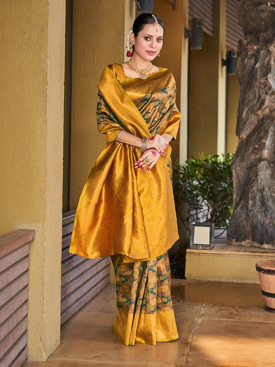 Golden & Green Zari Weaving Wedding Banarasi Silk Saree