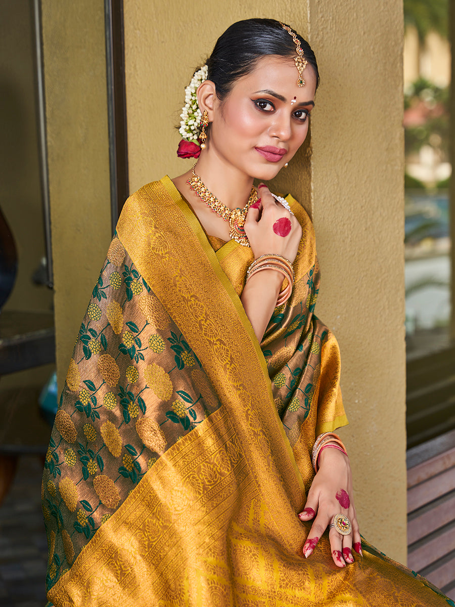 Golden & Green Zari Weaving Wedding Banarasi Silk Saree