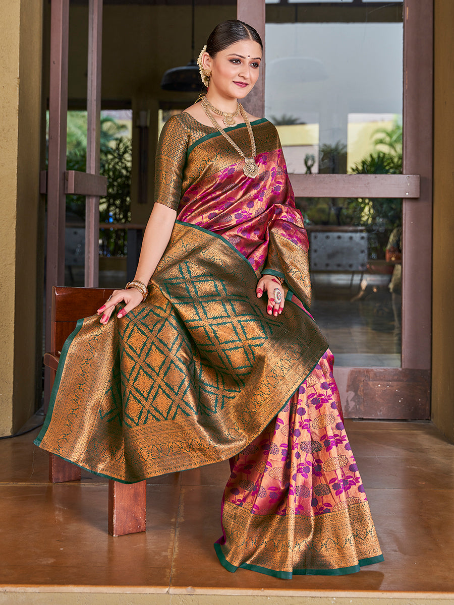 Purple & Green Zari Weaving Wedding Banarasi Silk Saree