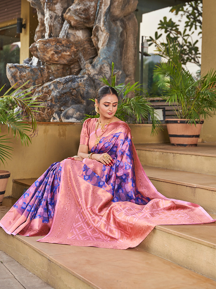 Blue & Pink Zari Weaving Wedding Banarasi Silk Saree