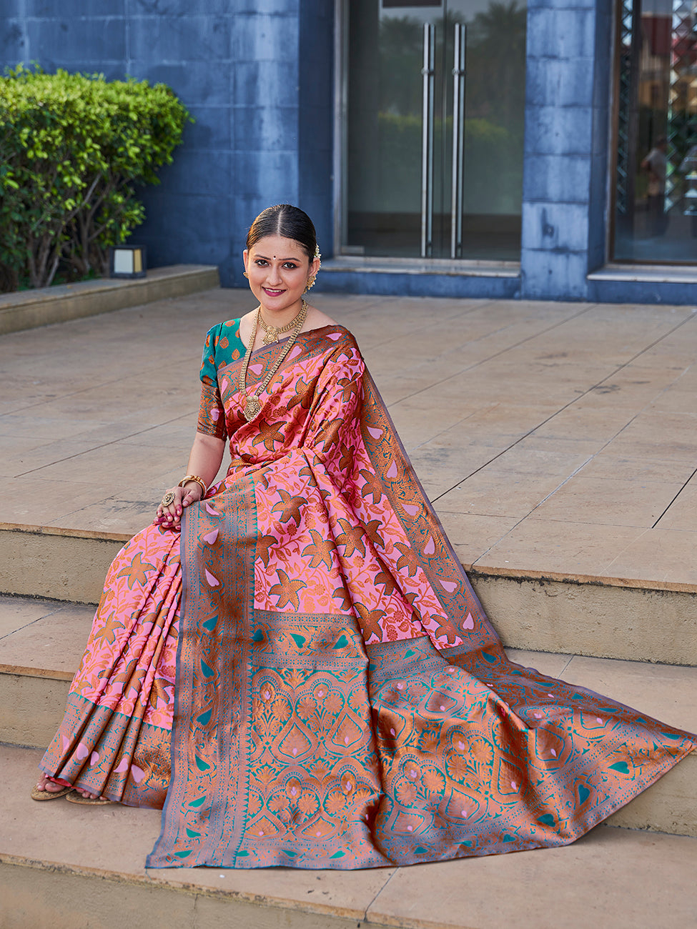 Pink & Teal Traditional Zari Weaving Wedding Banarasi Silk Saree