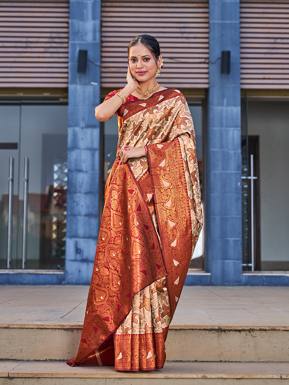 Beige & Maroon Traditional Zari Weaving Wedding Banarasi Silk Saree