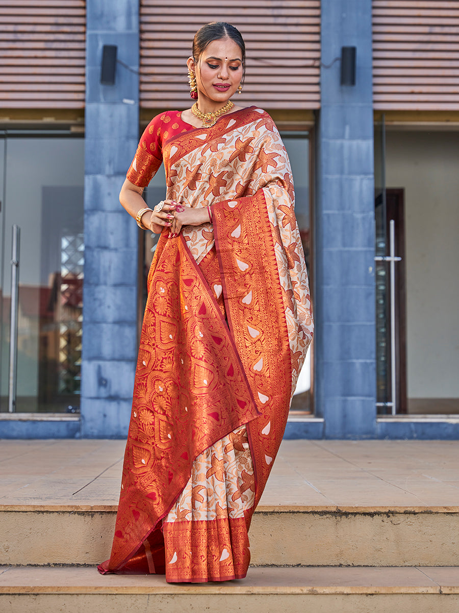 Beige & Maroon Traditional Zari Weaving Wedding Banarasi Silk Saree