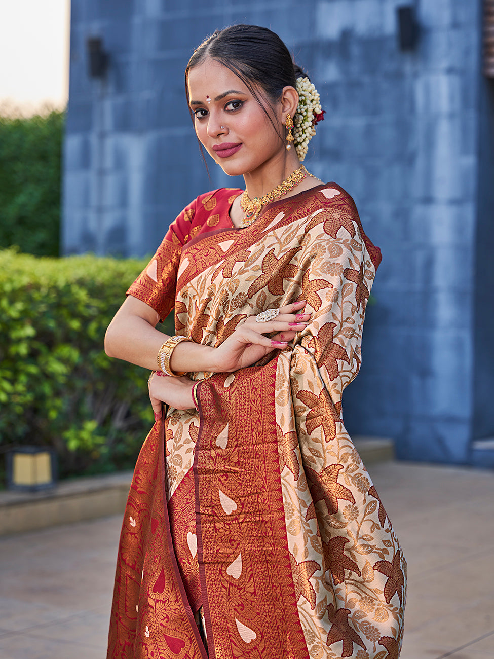 Beige & Maroon Traditional Zari Weaving Wedding Banarasi Silk Saree