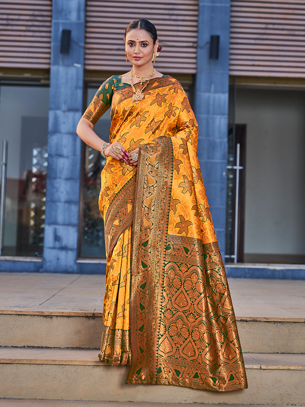 Yellow & Green Traditional Zari Weaving Wedding Banarasi Silk Saree