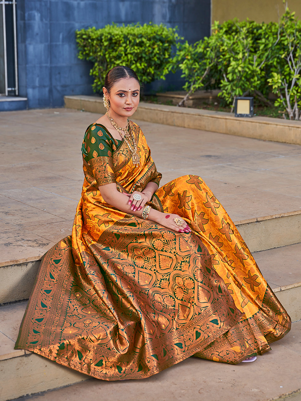 Yellow & Green Traditional Zari Weaving Wedding Banarasi Silk Saree