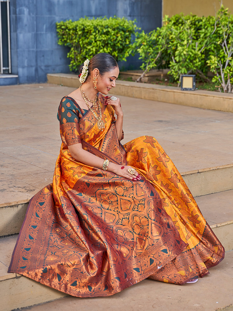 Yellow & Green Traditional Zari Weaving Wedding Banarasi Silk Saree