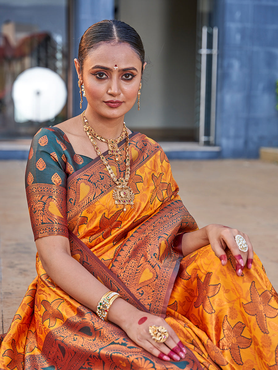 Yellow & Green Traditional Zari Weaving Wedding Banarasi Silk Saree