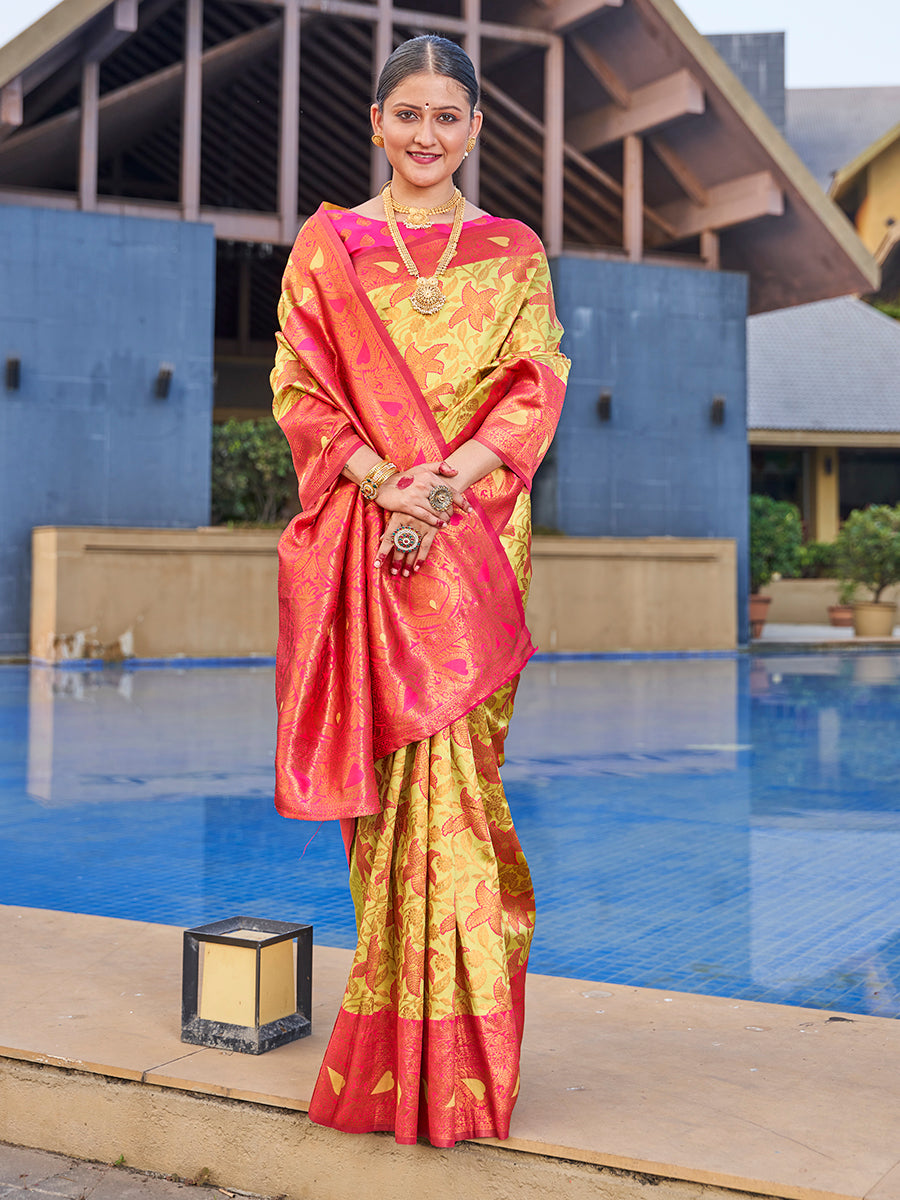 Lime Green & Pink Traditional Zari Weaving Wedding Banarasi Silk Saree