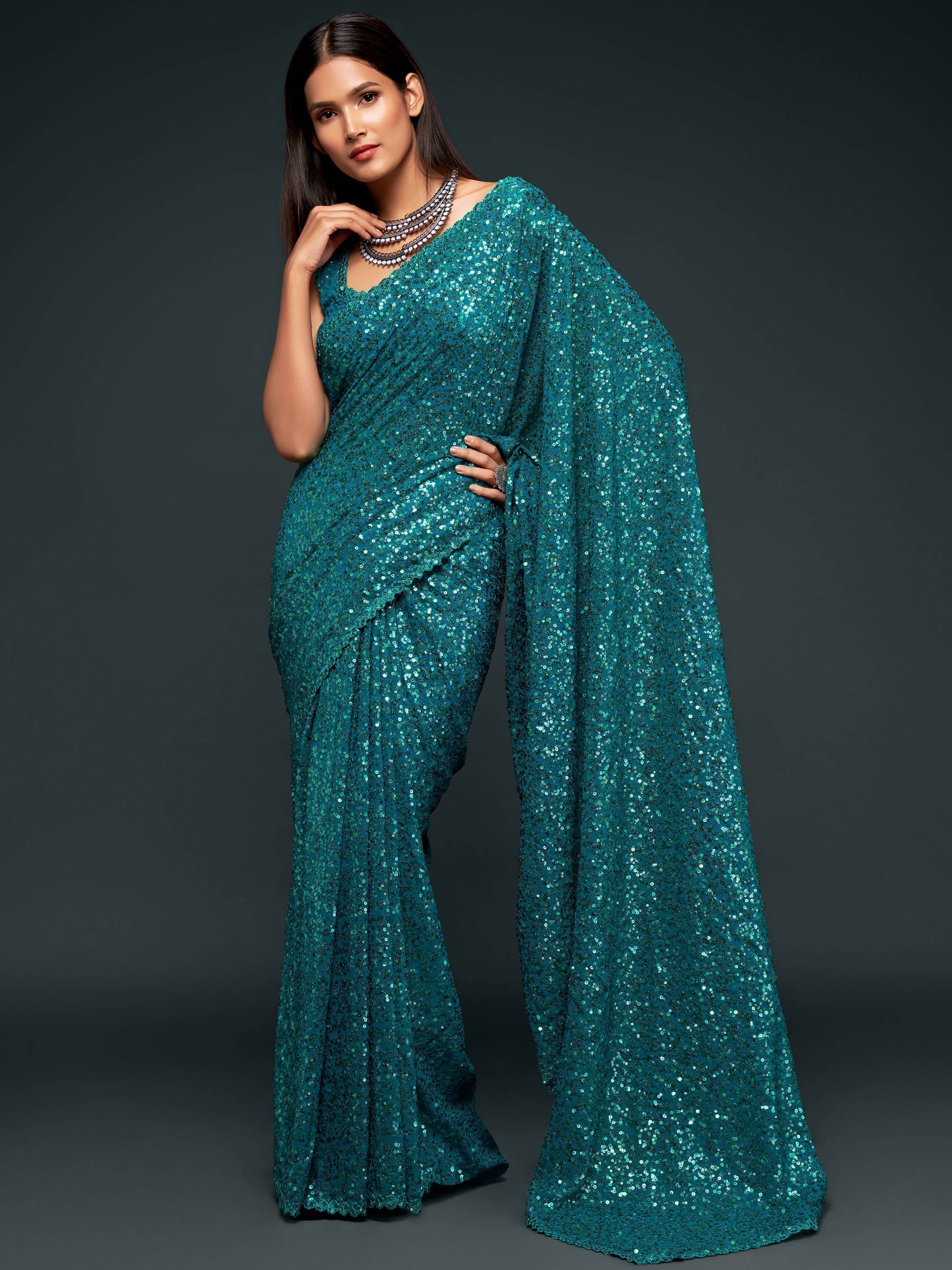 Teal Blue Fully Sequenced Georgette Saree With Blouse