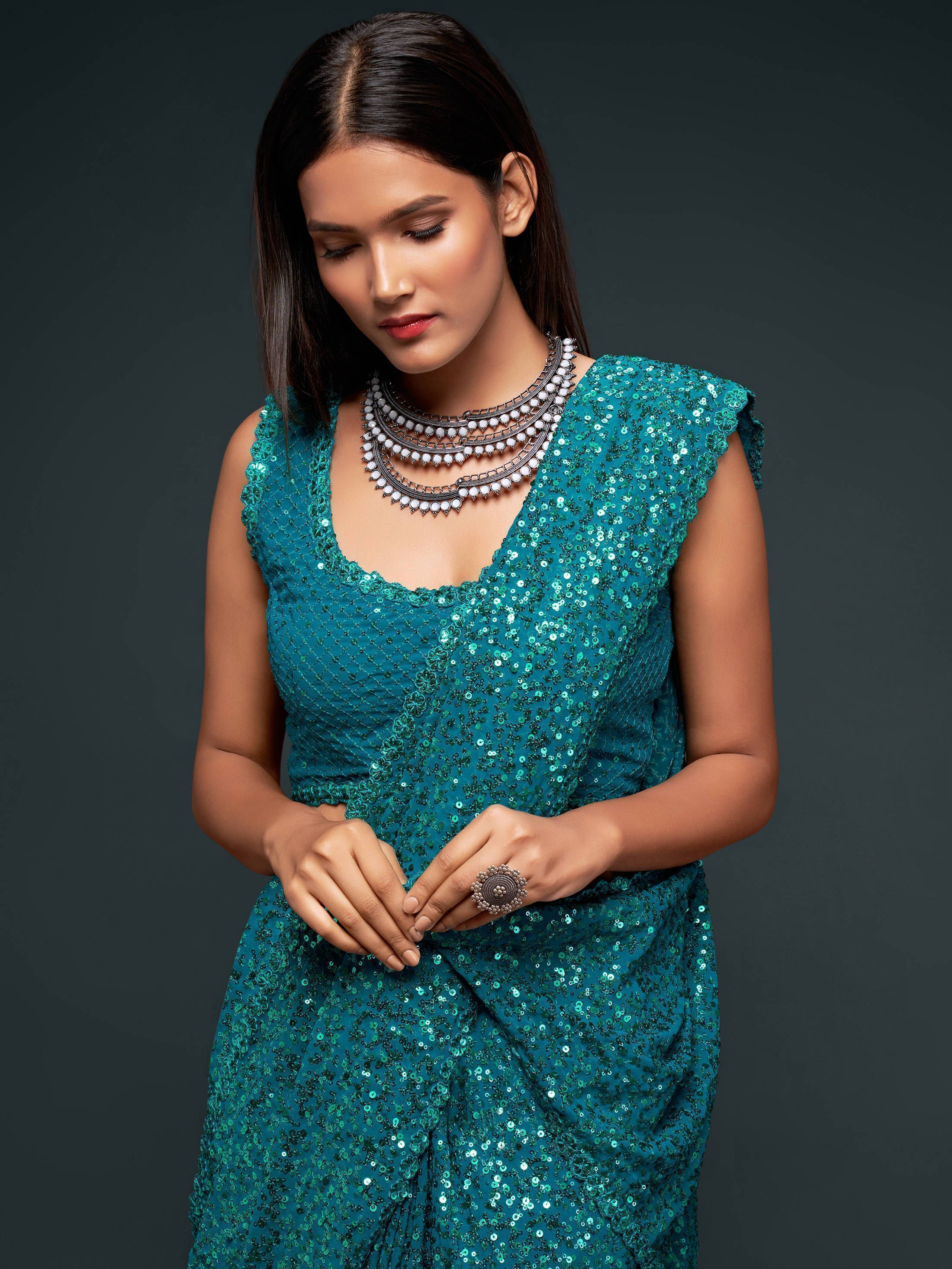 Teal Blue Fully Sequenced Georgette Saree With Blouse