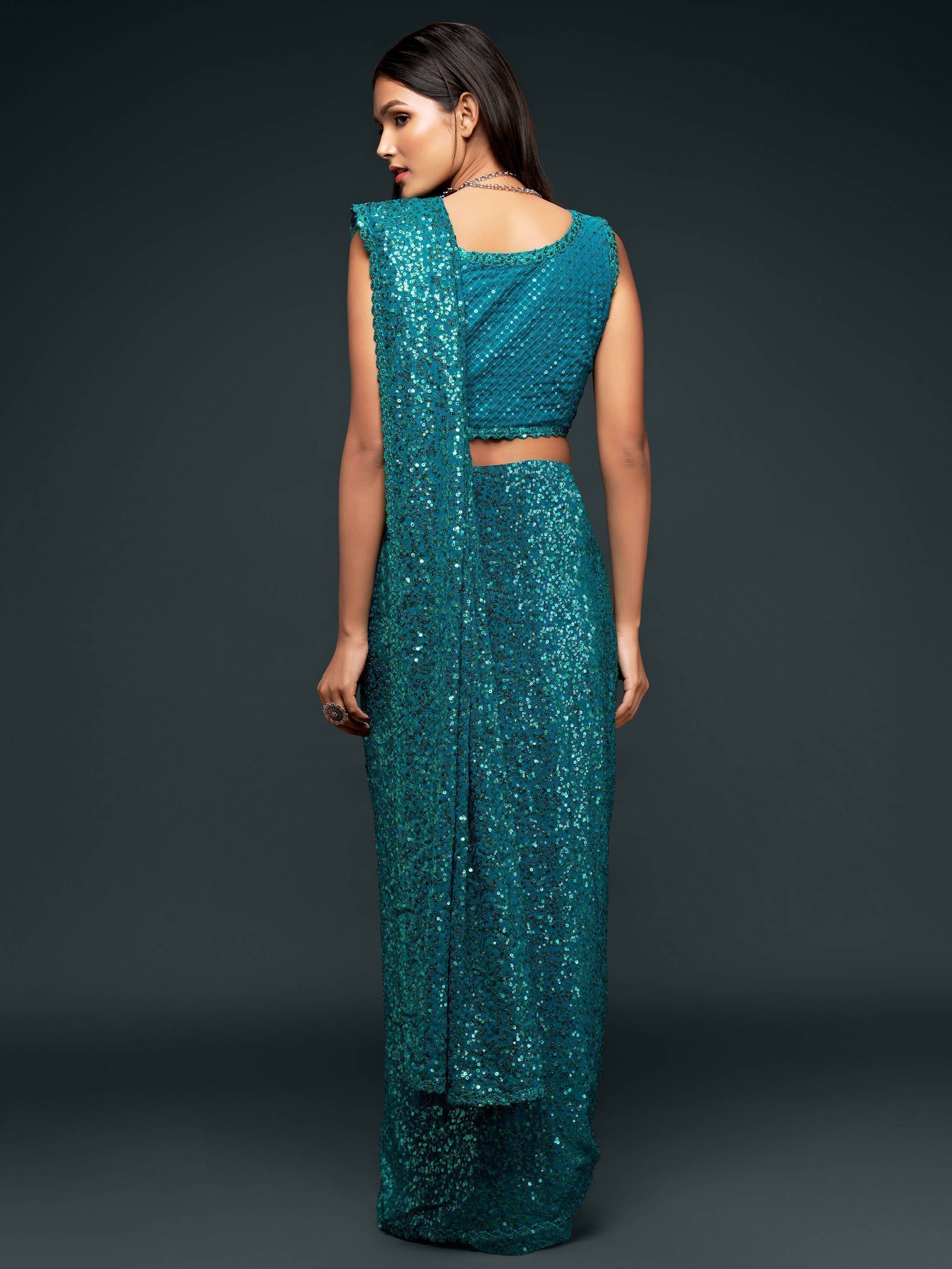 Teal Blue Fully Sequenced Georgette Saree With Blouse